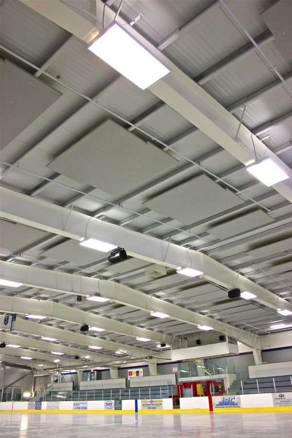 Lake Cowichan Arena : 2" Acousti-trac - Premade 1" acoustic panels screwed directly onto the metal ceiling deck purlins.